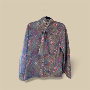 1970s Vintage Floral Paisley Blouse with Bow